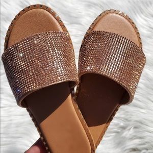 Rose Gold Rhinestone Flat Sandals